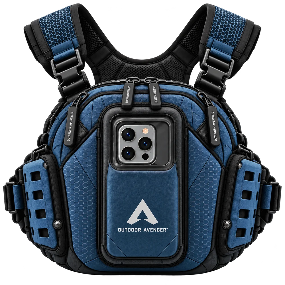 Vantage 3 chest pack in River Blue, front view with StaySet harness