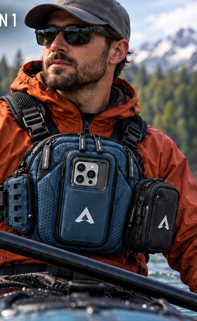 Kayaker paddling a mountain lake wearing a River Blue Vantage 3 with a Utility Pod
