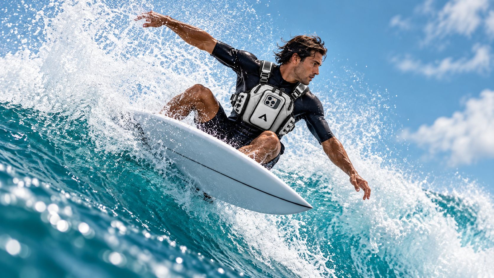 Surfer carving a wave in a black wetsuit with an Arctic White Vantage 3